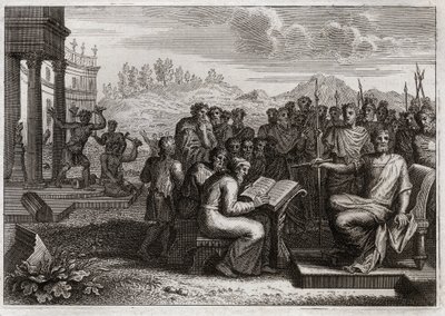 Bibbia di Royaumont, Antico Testamento: Pietà di Giosia. Giosia, re di Giuda, ristabilisce il culto di Dio nel suo regno e supera in virtù tutti i re suoi predecessori. Illustrazione del 1811. da Unknown artist