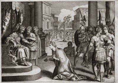 Bibbia di Royaumont, Antico Testamento: Punizione di Aman. Assuero I (Serse I) impicca Aman alla forca che aveva preparato per Mardocheo, e ritira l