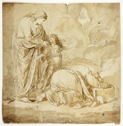 Scena biblica con due donne e un bambino in primo piano da Unknown artist