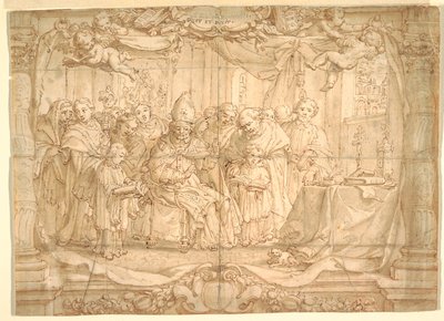 Vescovo con un gruppo di persone da Unknown artist