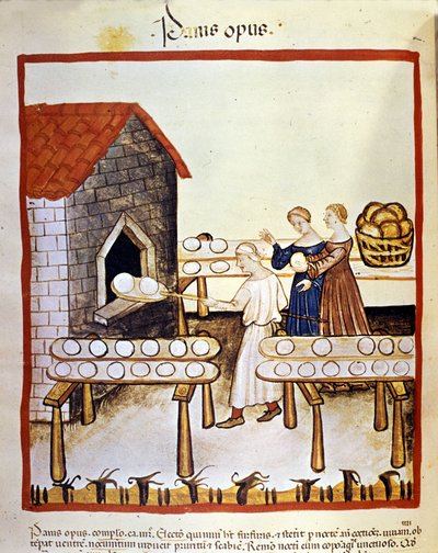 Pane nero: un fornaio al lavoro davanti a un forno. Miniatura dal Tacuinum sanitatis da Unknown artist