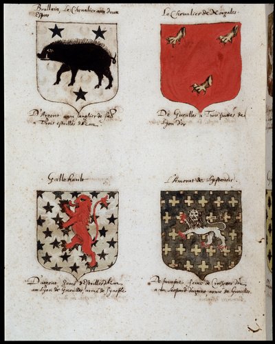 Blasoni dei Cavalieri della Tavola Rotonda: 1. Brallain, il cavaliere con due colpi, 2. Il Cavaliere di Norgales, 3. Gallehault, 4. L