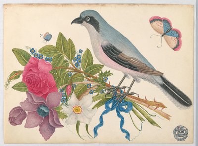 Uccello Blu su Bouquet di Rose e Tulipani, con Farfalle da Unknown artist