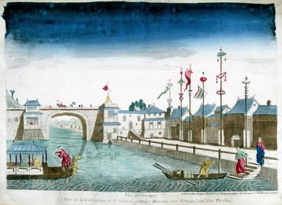 Ponte di Cochinchine e barche che si distinguono lasciando i padiglioni. Incisione della fine del XVIII secolo da Unknown artist