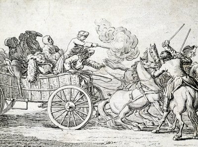 Briganti che attaccano passeggeri su un carro. Incisione di un anonimo del XVIII secolo. da Unknown artist