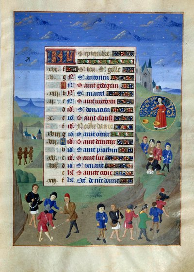 Pagina del calendario per il mese di settembre. Partenza dei pellegrini in viaggio da Unknown artist