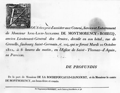 Annuncio funebre di Alexandre de la Rochefoucauld da Unknown artist