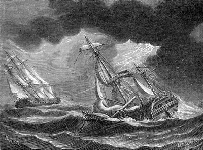 La nave del Capitano Cook risparmiata, grazie al suo parafulmine, vicino a una nave olandese colpita da un fulmine - incisione da Unknown artist