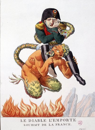 Cartone animato su Napoleone Bonaparte portato dal diavolo: Che il diavolo prevalga sul desiderio della Francia - in "Napoleon I, caricature, collezione fittizia". 1814 - 1815. B.H.V.P. da Unknown artist