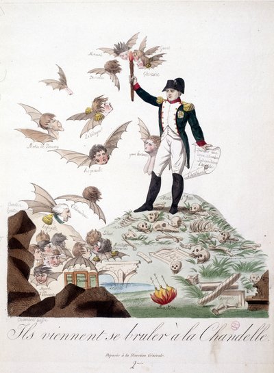 Cartone animato su Napoleone I raffigurato su una collina coperta di scheletri e che tiene una candela che brucia le ali dei personaggi (Merlin de Douai, Regnault...) rappresentati come pipistrelli - in Napoleon I, caricature, collezione fittizia. 1814 - 1 da Unknown artist