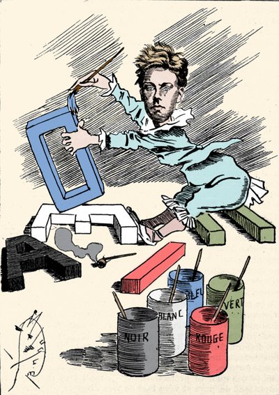 Caricatura del poeta Arthur Rimbaud che copre lettere dell