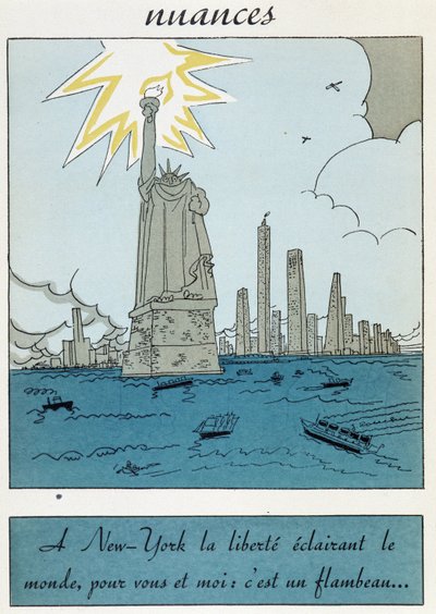 Cartone animato della Statua della Libertà negli Stati Uniti: "Libertà a New York che illumina il mondo, per te e per me è una torcia" da Unknown artist