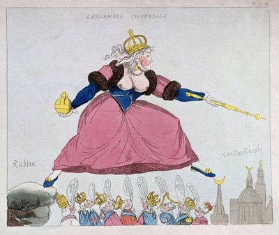 Caterina II salta dalla Russia a Costantinopoli sopra i sovrani europei, caricatura, fine XVIII secolo da Unknown artist