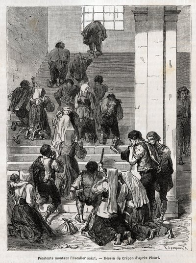 Penitenti cattolici che salgono la scala santa a Roma. Incisione per illustrare la storia di Ludovic Celler; la Settimana Santa a Roma da Unknown artist