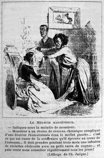 Ciarlataneria: satira sulla consultazione di magnetizzatori ipnotici per curare malattie. Da una litografia di Jacque. XIX secolo da Unknown artist