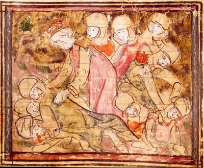 Carlo Magno (742-814) trova il corpo di suo nipote Rolando morto nella Battaglia di Roncisvalle Miniatura da "Grandi Cronache di Francia" 1375-1379 Biblioteca Municipale, Castres da Unknown artist