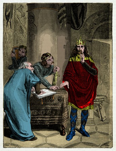 Carlo Magno che detta i suoi capitolari al suo ministro Alcuino (732-804), Incisione del XIX secolo da Unknown artist