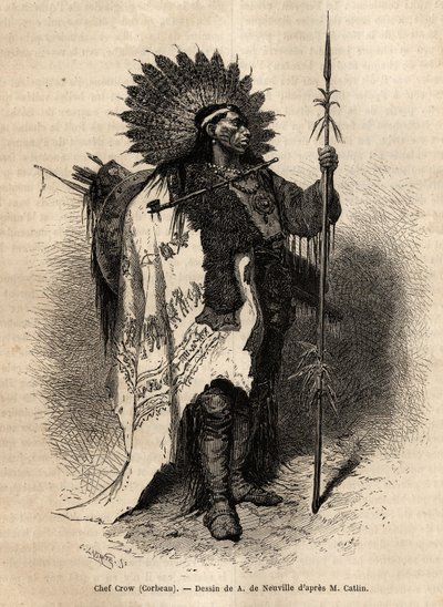 Capo Yellow Moccassin, della tribù indiana Crow, che vive lungo il fiume Lewis. Incisione per illustrare un
