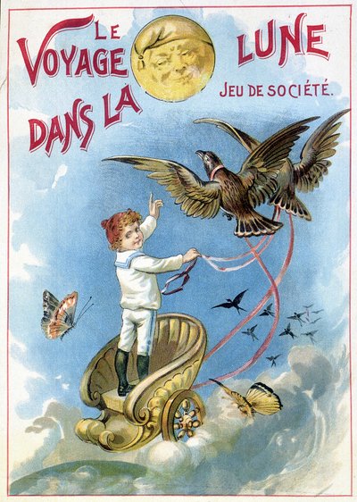 Bambino portato su un carro trainato da uccelli verso la luna: "Il Viaggio sulla Luna" - scatola di gioco, XIX secolo da Unknown artist