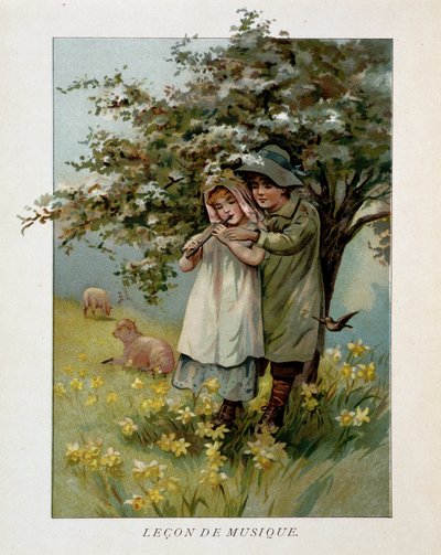 Bambini pastori che suonano musica in un paesaggio fiorito, 