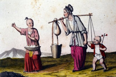 Cina. Una donna che porta acqua accompagnata da 2 bambini, uno dei quali porta un cesto di riso. Stampe del XIX secolo da Unknown artist