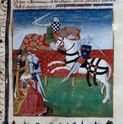 Torneo cavalleresco tra Tristano e Palamede. Miniatura tratta dal manoscritto 