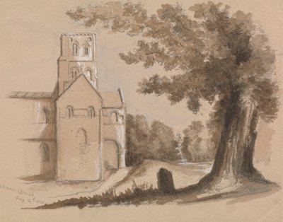 Chiesa con albero e lapide in primo piano da Unknown artist