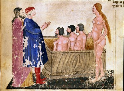 Cerchio degli adulatori: Dante e Virgilio incontrano Alessio Interminelli (o Intermineii), Signore di Lucca, e Taide la prostituta. Pagina illustrata che illustra il 18° canto dell