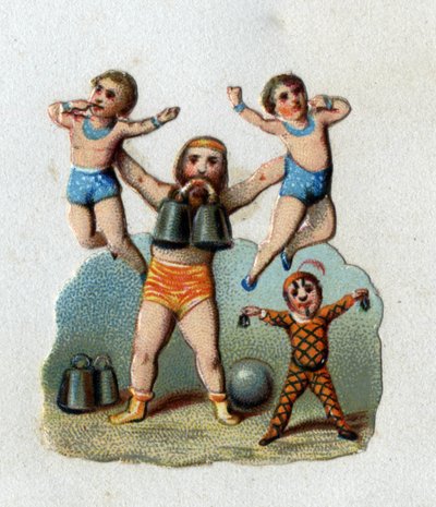 Circo: un alterofilo solleva due uomini a braccia tese mentre tiene un peso tra i denti per dimostrare la forza dei suoi muscoli. Cromolitografia intorno al 1890 da Unknown artist