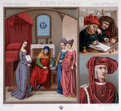 Costumi civili nel Medioevo nel XV secolo. In alto a destra: cambiavalute ad Anversa. In basso a destra: ritratto di Massimiliano d