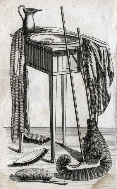 Pulizia e accessori per la pulizia: sapone, lavabo, scopa e spazzole. Incisione fine XVIII secolo. Collezione privata da Unknown artist