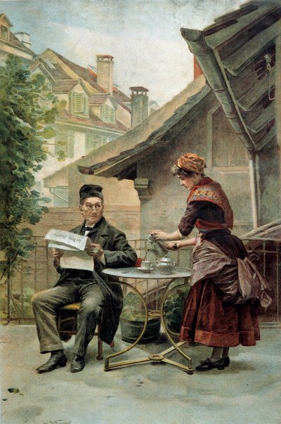 Ora del caffè: un vecchio seduto a un tavolo e che legge il “Piccolo giornale” viene servito da un servitore. Acquerello del XIX secolo. Parigi, Arti Decorative da Unknown artist