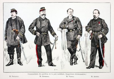 Comandanti dei guardiani della pace mobilitati (ispettori divisionali), da sinistra a destra: Sig. Foucault, Sig. Giobergia, Sig. Vassal, Sig. Archer. Acquaforte a colori, per illustrazione 