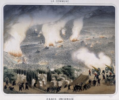 Comune di Parigi: incendio di Parigi. Comunardi che sparano cannoni verso Parigi. 1871. da Unknown artist