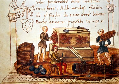 Costruzione di una bomba (mortaio) nel 15° secolo. Dal libro di matematica di Giuliano de