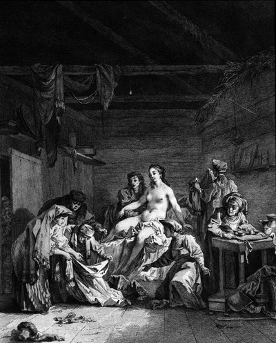 Controllo della deflorazione dopo il matrimonio di una vergine in Russia. Incisione del XVIII secolo da Unknown artist