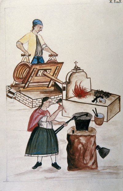 Coppia di meticci di Moyobamba che lavorano il ferro in una fucina, dal libro 