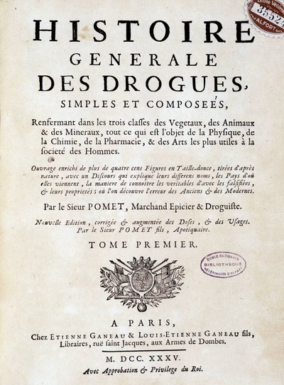 Pagina di copertina della “Storia generale delle droghe, semplici e composte” di Pomet da Unknown artist
