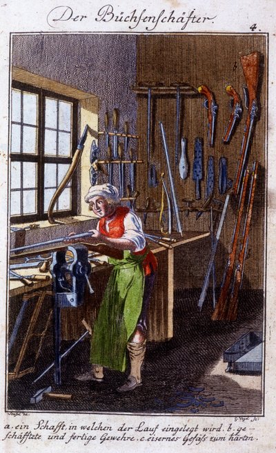 Mestiere artigianale: il fabbricante di archibugi nella sua bottega. In "Descrizione completa delle arti e dei mestieri e delle botteghe per i giovani" di Johan Peter Vue. Ed. Norimberga, Weigel e Schneider da Unknown artist
