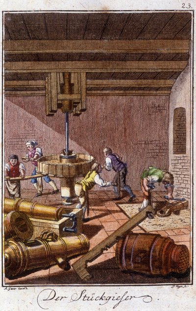 I fonditori di cannoni nella loro bottega. In "Descrizione completa delle arti e dei mestieri e delle botteghe per i giovani" di Johan Peter Vue. Ed. Norimberga, Weigel e Schneider da Unknown artist