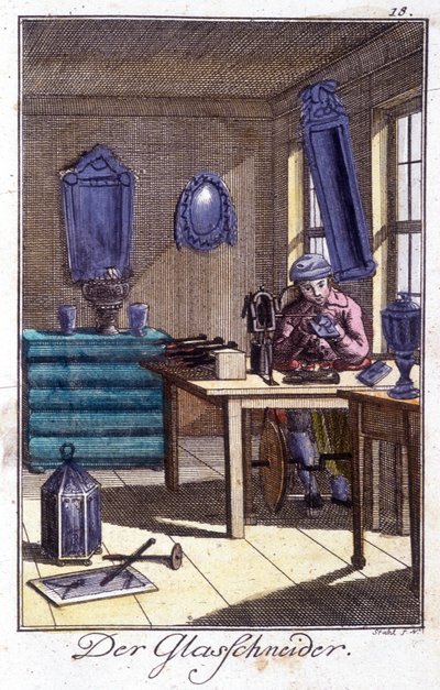 Artigianato: il cristalliere nella sua bottega. In "Descrizione completa delle arti e dei mestieri e delle botteghe per i giovani" di Johan Peter Vue. Ed. Norimberga, Weigel e Schneider da Unknown artist