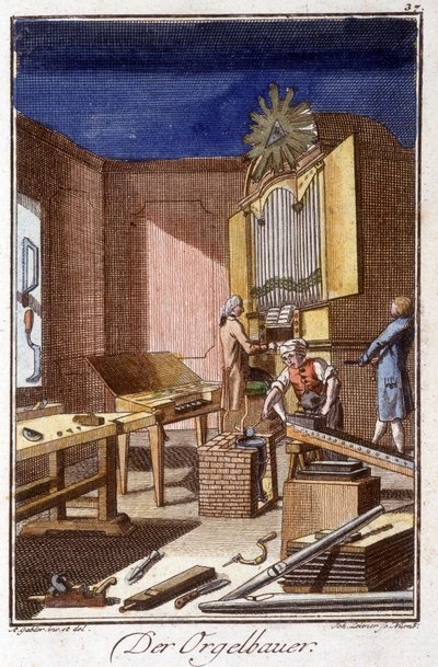 Mestiere artigianale: il costruttore di organi nella sua bottega. In "Descrizione completa delle arti e dei mestieri e delle botteghe per i giovani" di Johan Peter Vue. Ed. Norimberga, Weigel e Schneider da Unknown artist