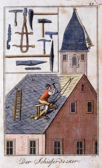 Il copritetto di ardesia e i suoi strumenti di lavoro. In "Descrizione completa delle arti e dei mestieri e delle botteghe per i giovani" di Johan Peter Vue. Ed. Norimberga, Weigel e Schneider da Unknown artist
