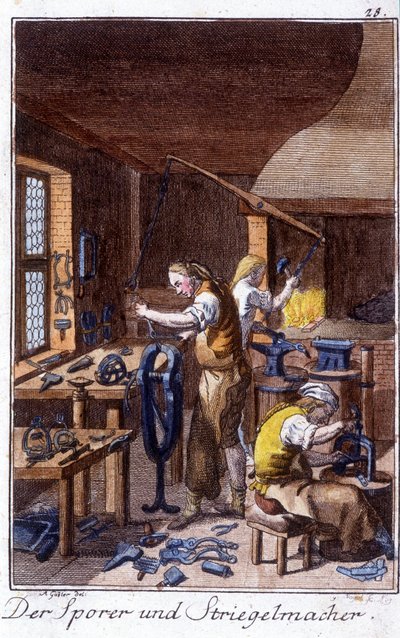 Artigianato: il fabbricante di speroni, il produttore di pennelli per restringimento nella loro bottega. In "Descrizione completa delle arti e dei mestieri e delle botteghe per i giovani" di Johan Peter Vire. Ed. Norimberga, Weigel e Schneider da Unknown artist