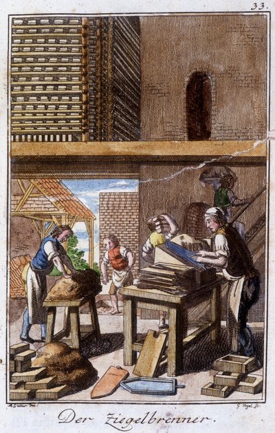 Artigianato: il produttore di tegole o mattoni nella sua bottega. In "Descrizione completa delle arti e mestieri e delle botteghe per i giovani" di Johan Peter Vue. Ed. Norimberga, Weigel e Schneider da Unknown artist