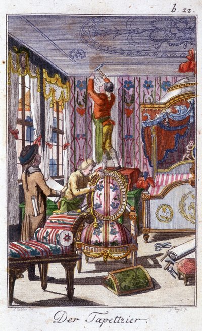 Artigianato: il tappezziere. In "Descrizione completa delle arti e mestieri e delle botteghe per i giovani" di Johan Peter Vue. Ed. Norimberga, Weigel e Schneider da Unknown artist
