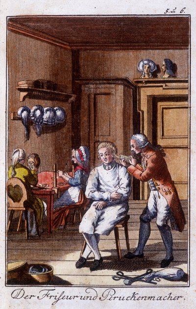 Mestieri: parrucchiere e parruccaio nel loro laboratorio. In 