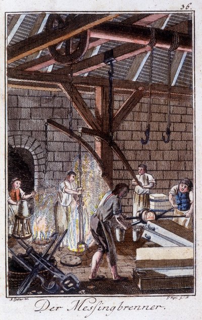 Il fabbricante di ottone nella sua bottega. In "Descrizione completa delle arti e dei mestieri e delle botteghe per i giovani" di Johan Peter Vue. Ed. Norimberga, Weigel e Schneider da Unknown artist