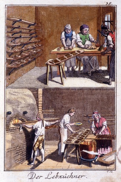 Artigianato: il produttore di pan di zenzero nel suo laboratorio. In "Descrizione completa delle arti e dei mestieri e dei laboratori per i giovani" di Johan Peter Vue. Ed. Norimberga, Weigel e Schneider da Unknown artist
