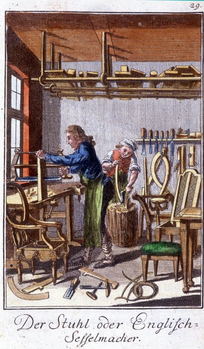 Mestieri: il fabbricante di sedie nella sua bottega. In "Descrizione completa delle arti e dei mestieri e delle botteghe per i giovani" di Johan Peter Vue. Ed. Norimberga, Weigel e Schneider da Unknown artist